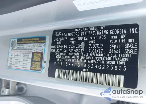 2017 Kia Sorento 3.3L Lx z USA, uszkodzony, nr VIN 5XYPG4A52HG225635